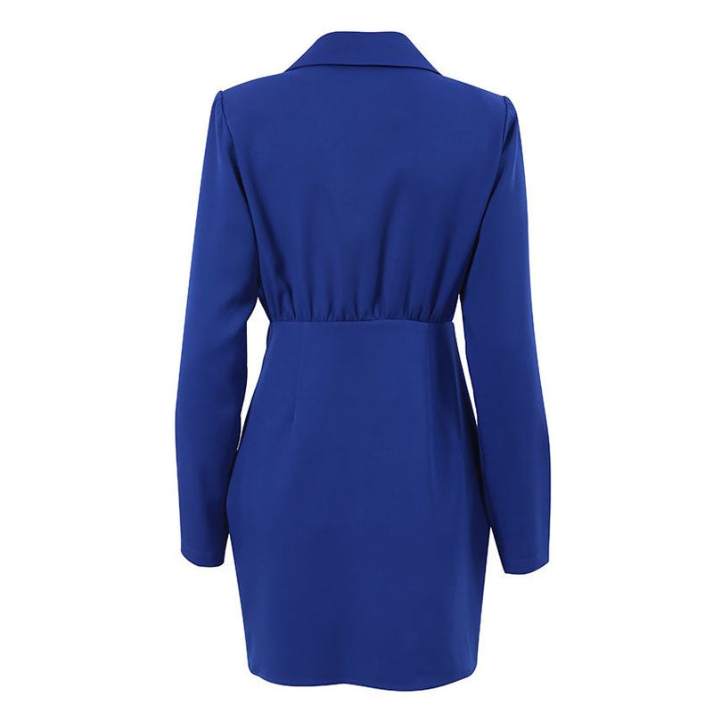 Ruched Shoulder Pad Lapel Collar V Neck Blazer Mini Dress - Royal Blue