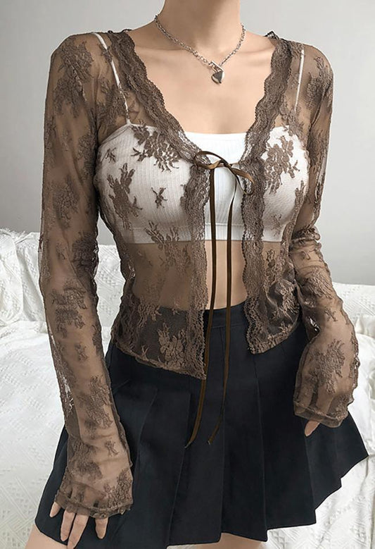 Open Front Lace Long Sleeve Crop Blouse