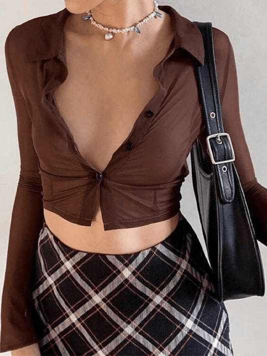 Polo Neck Mesh Long Sleeve Crop Blouse