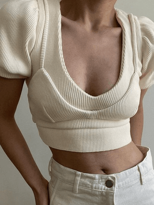 Puff Sleeve Patchwork Ribbed Crop Top