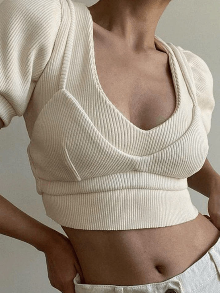 Puff Sleeve Patchwork Ribbed Crop Top