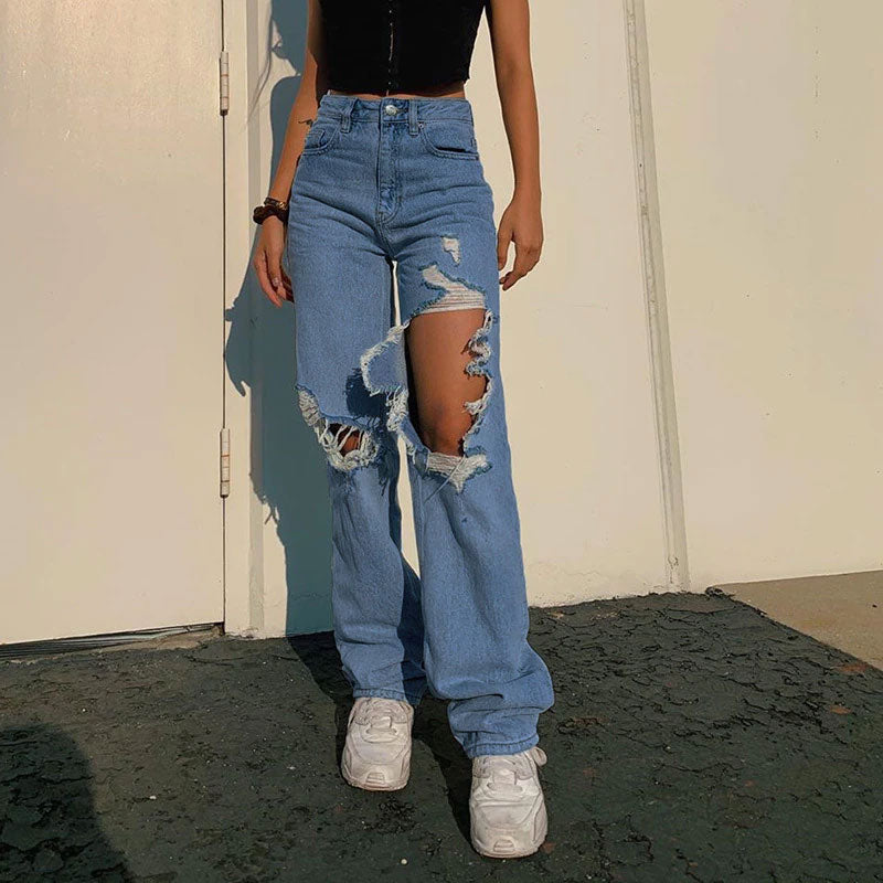 90s Distressed Cutout High Waist Wide Leg Jeans - Blue