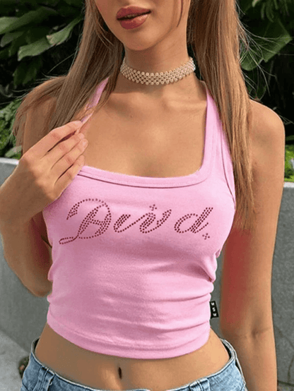 Rhinestone Letter Cropped Tank Top