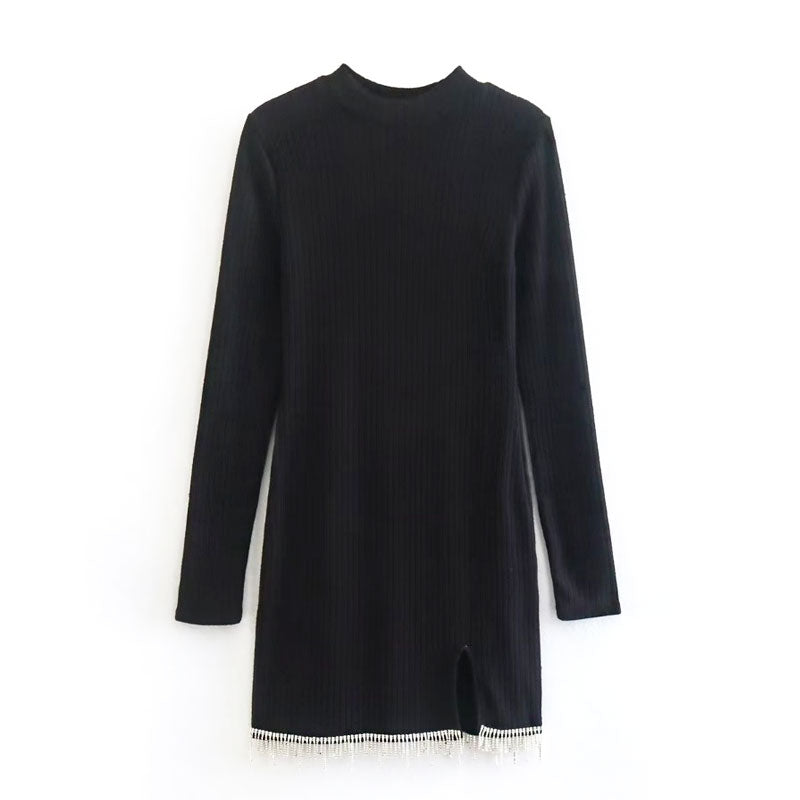 Ribbed Knit Crystal Fringe Long Sleeve Crew Neck Sweater Mini Dress - Black