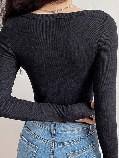 Ribbed Long Sleeve Button Crop Top