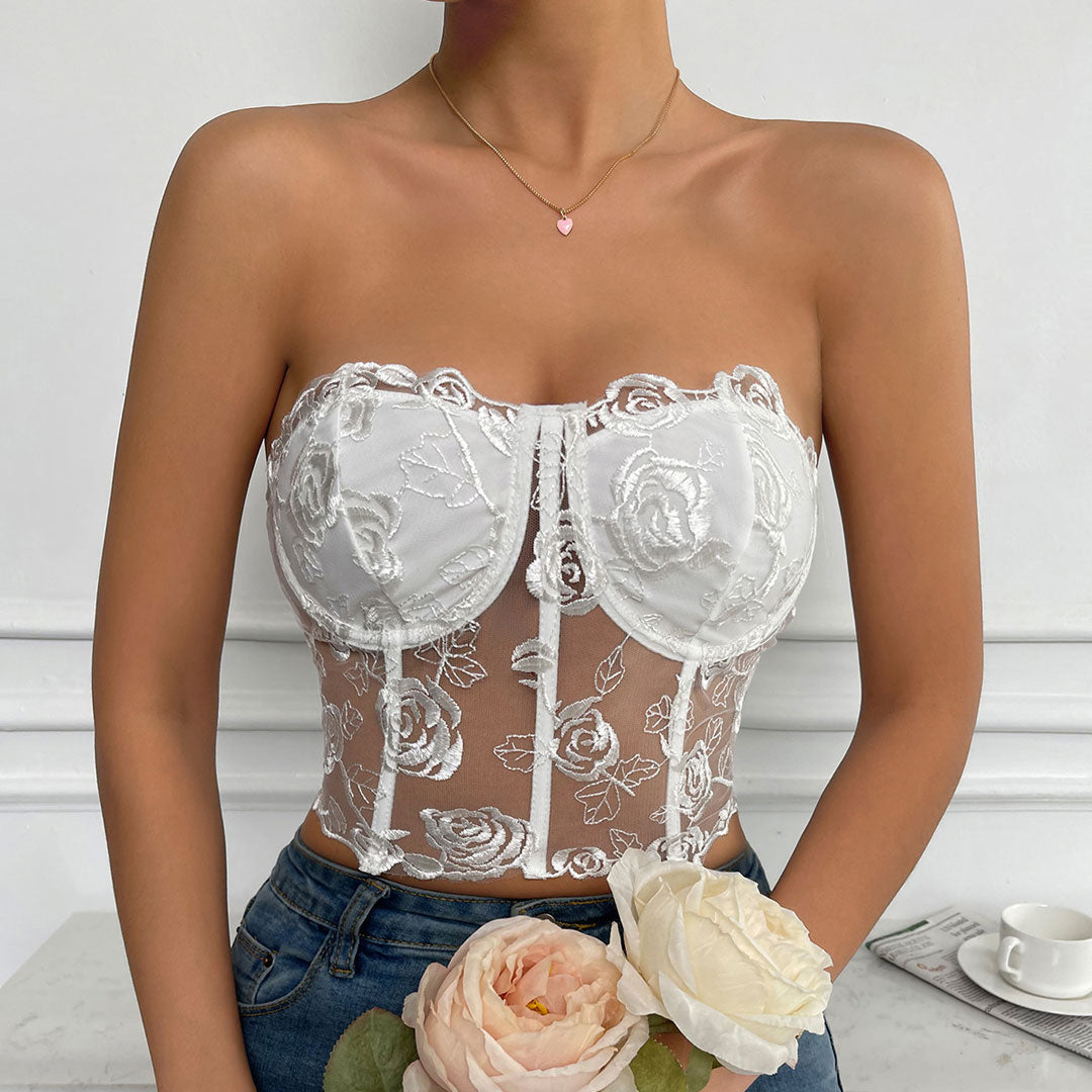Tulle Crop Corset Tube Top - White