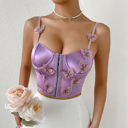 Butterfly Applique Hook and Eye Silky Satin Corset Top - Purple