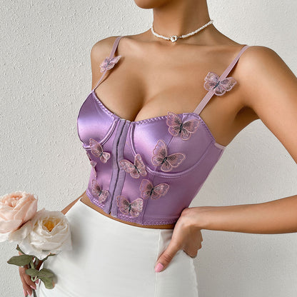 Butterfly Applique Hook and Eye Silky Satin Corset Top - Purple