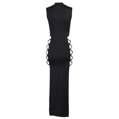 High Neck Sleeveless High Slit  Cut Out Maxi Dress - Black