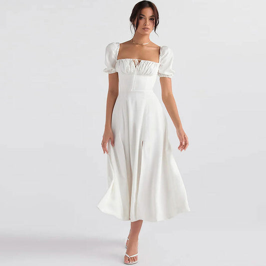 Puff Sleeve Tie Front High Split Off Shoulder Midi Sundress - White