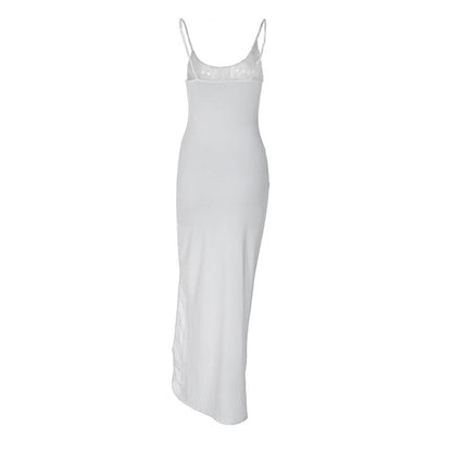 Solid Color Ruched Floral Trim High Split Slip Maxi Dress - White