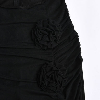Sheer Mesh Floral Trim Cut Out High Slit Strapless Maxi Dress - Black