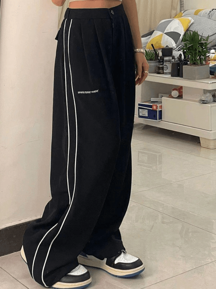 Side Piping Pleated Wide Leg Pants