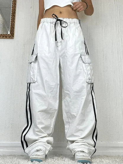 Side Striped White Baggy Cargo Jeans