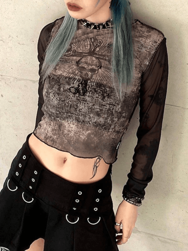 Skull Mesh Long Sleeve Crop Top