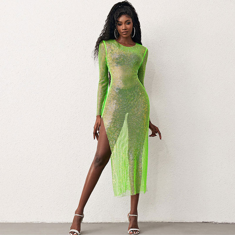 Sparkly Fishnet Crystal Embellished Long Sleeve Maxi Dress - Neon Green