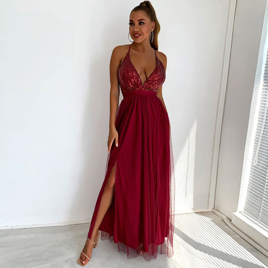 Sparkly Sequin Panel Mesh Deep V Evening Maxi Dress - Burgundy