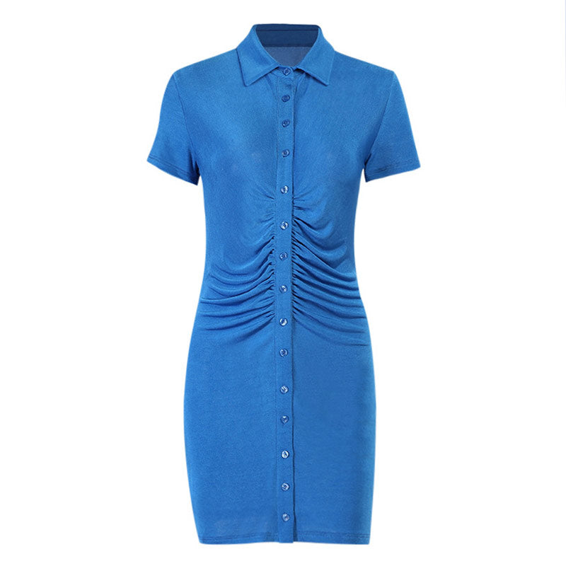 Street Point Collar Ruched Sweater Mini Dress - Blue
