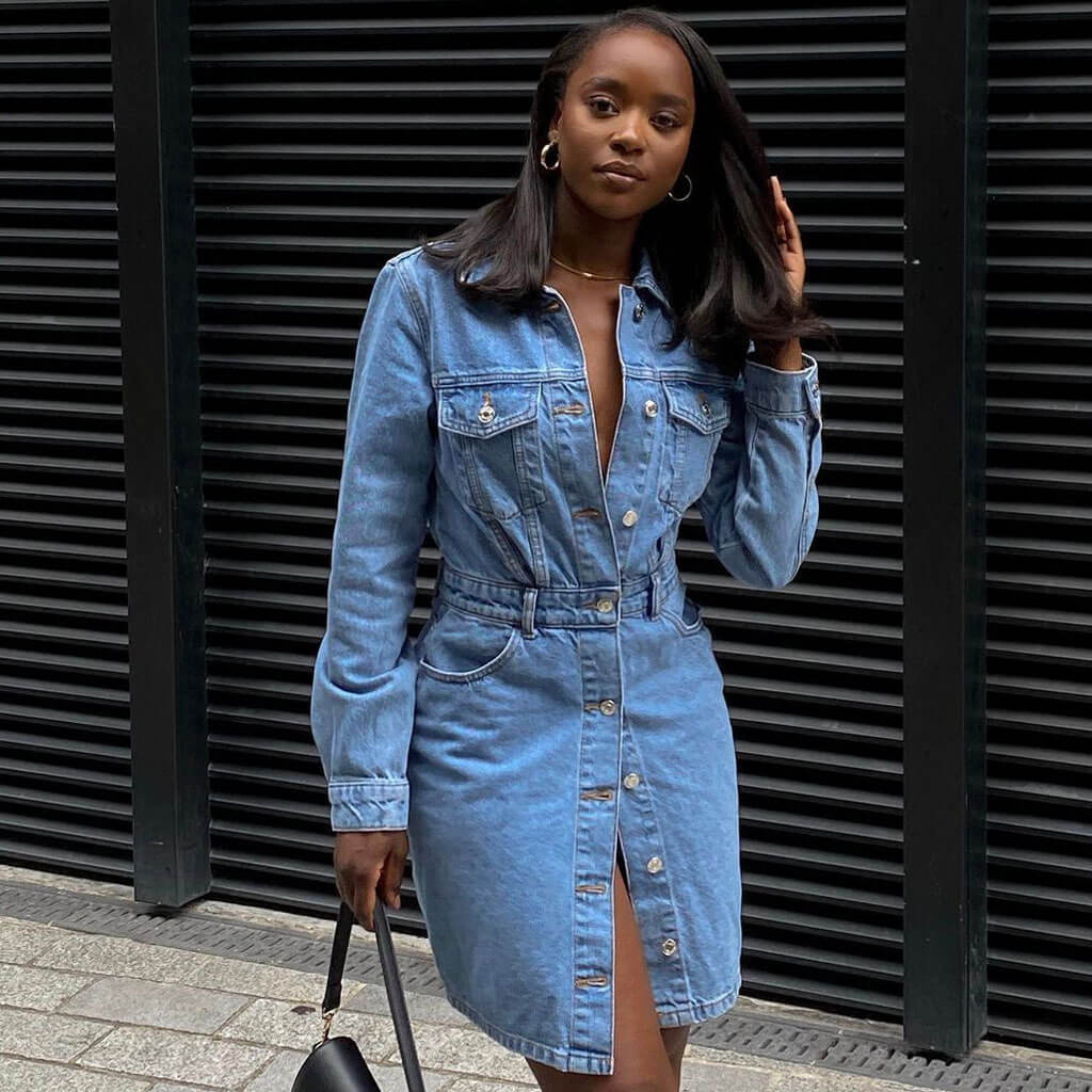 Street Style Long Sleeve Denim Midi Dress - Blue