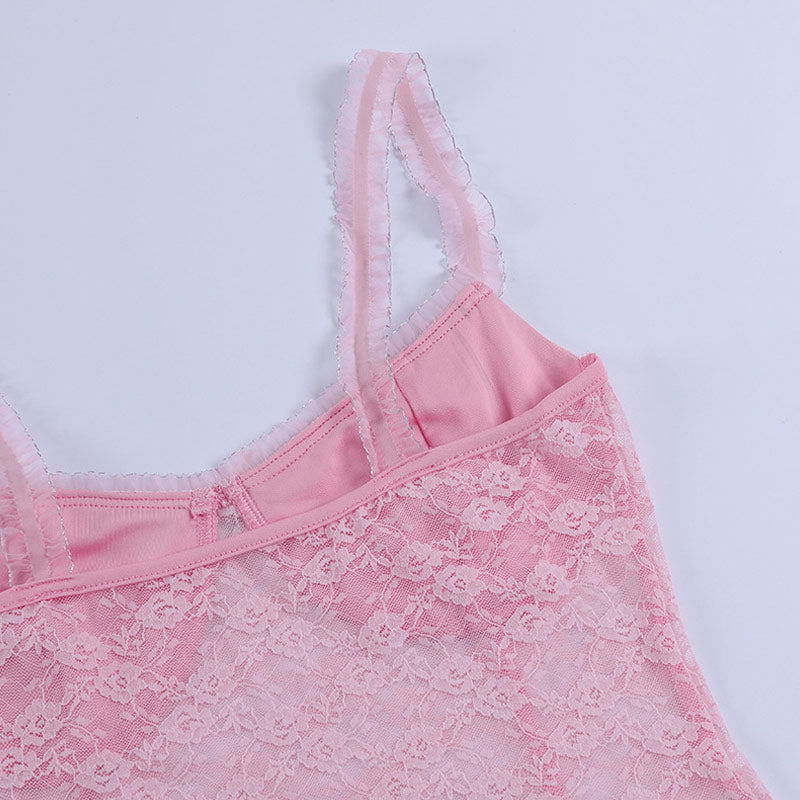 Sweet Style Frilled Sheer Lace Crop Tank Top - Pink