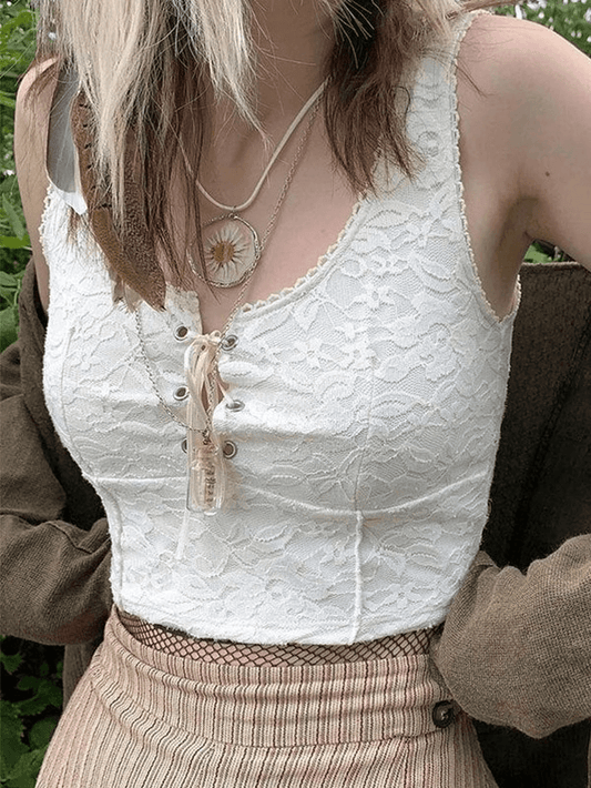 Tie Front Lace Crop Tank Top