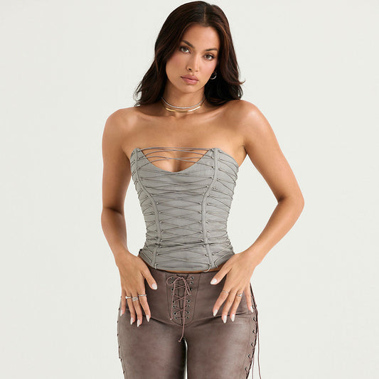 Trendy Lace Up Sweetheart Neck Sleeveless Tube Crop Top - Gray