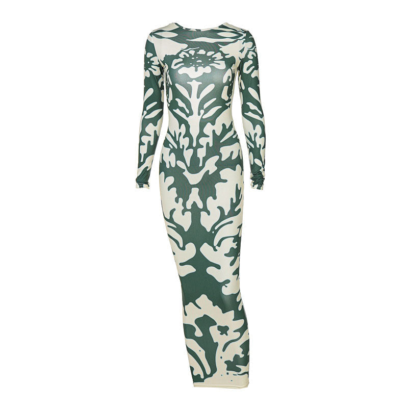 Trendy Long Sleeve Camo Print Maxi Dress - Green