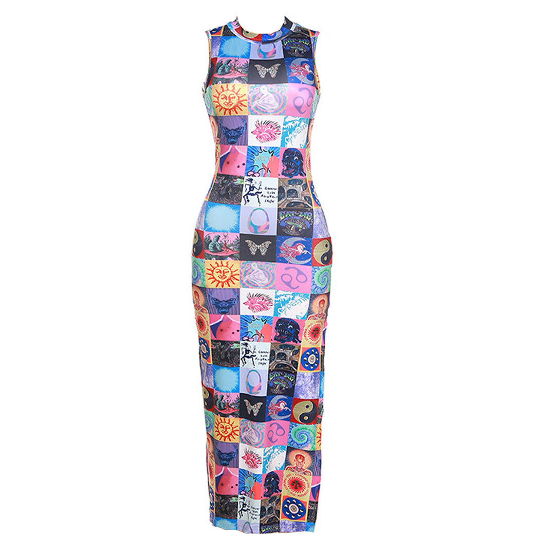 Unique High Neck Split Blotter Print Sleeveless Maxi Dress - Multicolor