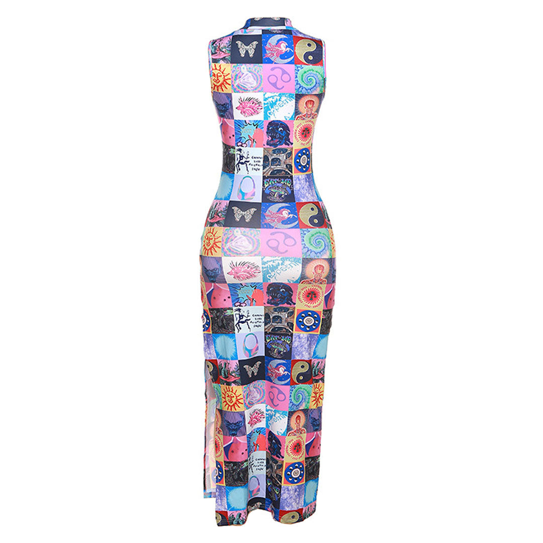 Unique High Neck Split Blotter Print Sleeveless Maxi Dress - Multicolor