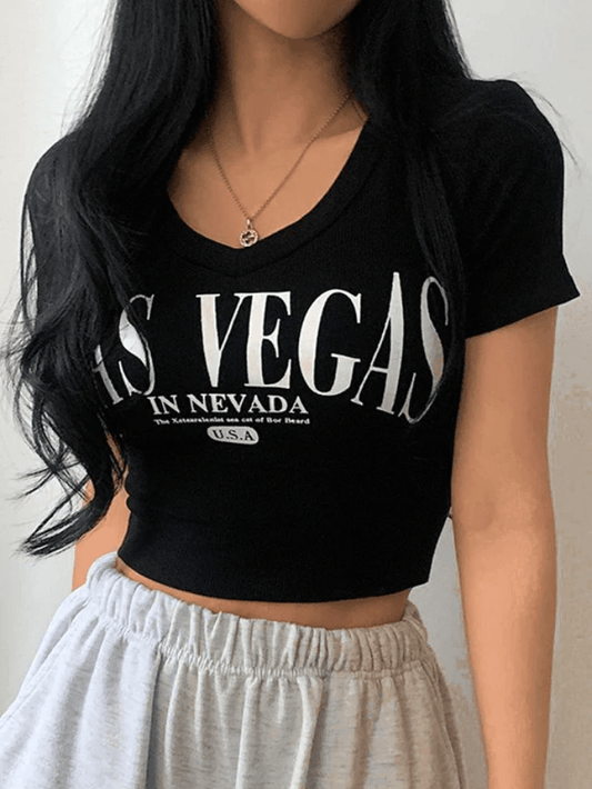 V Neck Letter Print Short Sleeved Tee