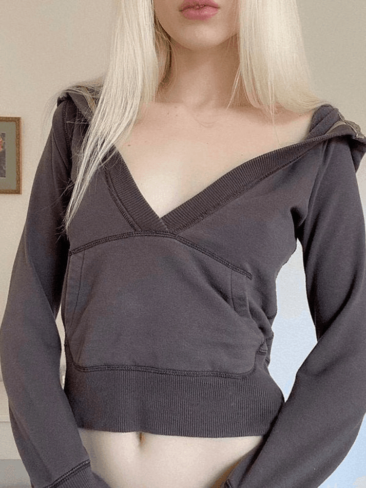 V Neck Y2K Cropped Hoodie