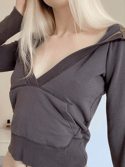 V Neck Y2K Cropped Hoodie