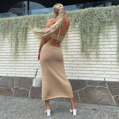 Vacation Ready Halter Neck Cut Out Side Sweater Maxi Dress - Khaki