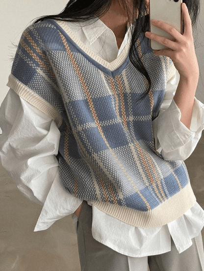Vintage Checkered V Neck Sweater Vest