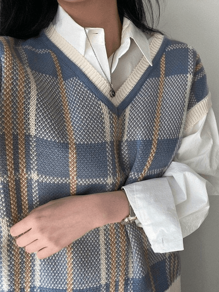 Vintage Checkered V Neck Sweater Vest