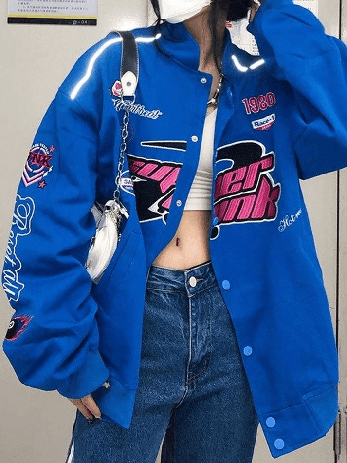 Vintage Embroidered Button-Down Motorcycle Varsity Jacket