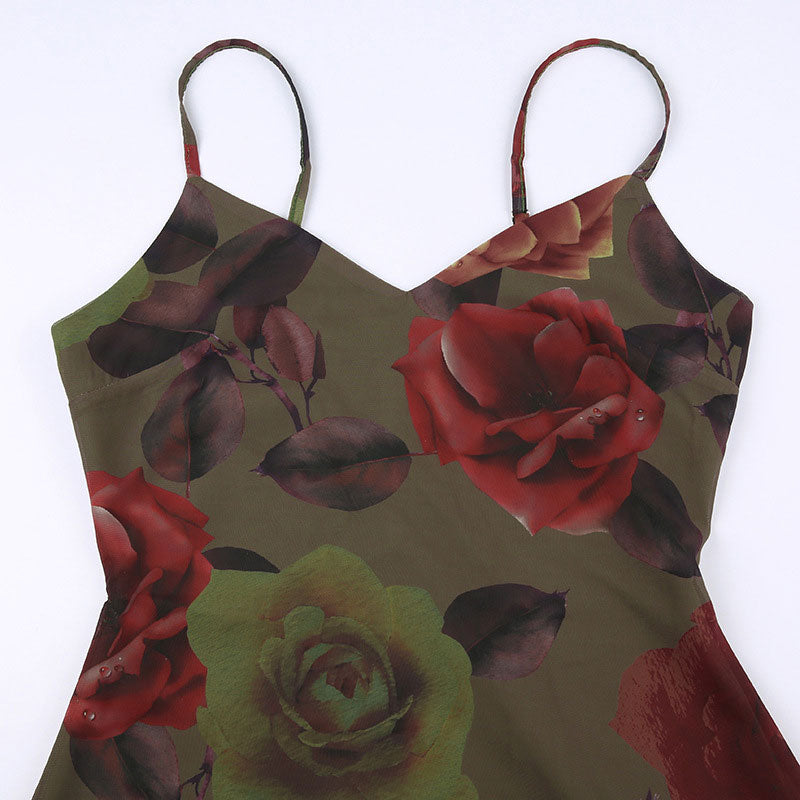Vintage Floral Print Chiffon V Neck Slip A-line Maxi Dress - Green