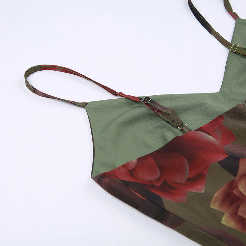 Vintage Floral Print Chiffon V Neck Slip A-line Maxi Dress - Green