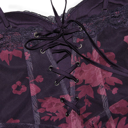 Vintage Flower Print Mesh Panel Lace Up Back Slip Maxi Dress - Black