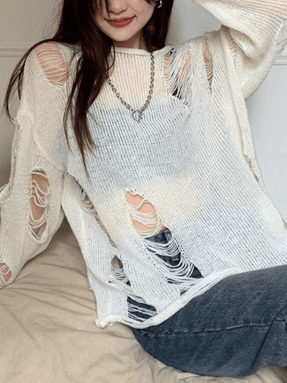 White Long Sleeve Distressed Knit Top