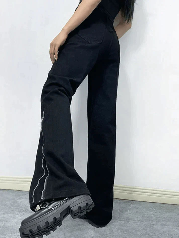 Zipper Design Black Ankle Flare Cargo Jeans